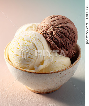 Three Scoops of Milk and White Chocolate Ice Cream in Ceramic Bowl with Pastel Background Three Scoops of Milk and White Chocolate Ice Cream in Ceramic Bowl with Pastel Background 130964341