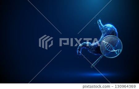 3d blue human stomach with magnifying glass and DNA helix inside. Genetic analysis of gastric tissue, hereditary disease detection concept. 3d blue human stomach with magnifying glass and DNA helix inside. Genetic analysis of gastric tissue, hereditary disease detection concept. 130964369