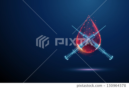 3d blue two crossed syringes in front of blood drop. Diabetes care, medical treatment, vaccination, immunization, healthcare, prevention concept. 3d blue two crossed syringes in front of blood drop. Diabetes care, medical treatment, vaccination, immunization, healthcare, prevention concept. 130964378