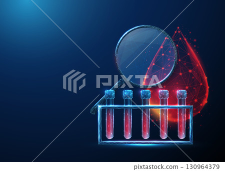 3d blood test rack in front of a blood drop with a magnifying glass. Laboratory diagnostics, blood analysis, medical testing, healthcare concept. 130964379