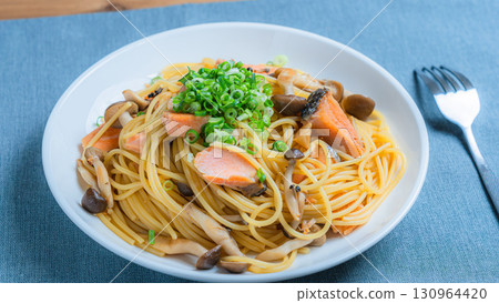 Japanese-style salmon and mushroom pasta Japanese-style salmon and mushroom pasta 130964420