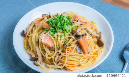 Japanese-style salmon and mushroom pasta Japanese-style salmon and mushroom pasta 130964421