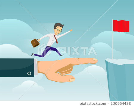 Businessman running along a human hand 130964428