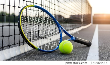 close up of tennis ball on outdoor court 130964463