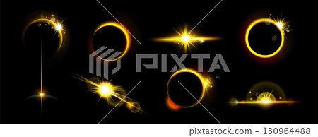 Sun light effect. Sunrise rays. Sunset eclipse magic flash. Beam flare. Starlight sparkle. Sunshine glint. Galaxy twinkle. Spring glare. Sunny energy sky. Vibrant starlight. Vector heaven sunbeams set 130964488