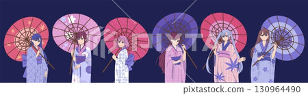 Manga girl with parasol. Anime woman. Japanese kimono. Girl in yukata costumes with paper umbrella. Asian festival tradition. Young female characters set. Vector colorful illustration of Japan culture Manga girl with parasol. Anime woman. Japanese kimono. Girl in yukata costumes with paper umbrella. Asian festival tradition. Young female characters set. Vector colorful illustration of Japan culture 130964490