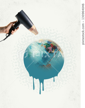 Creative collage. Hairdryer melting globe as metaphor of global warming and climate crisis Creative collage. Hairdryer melting globe as metaphor of global warming and climate crisis 130964846