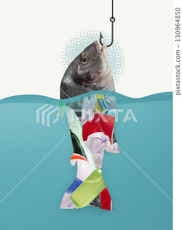 Surreal artwork. Fish hooked from polluted water with plastic waste inside body silhouette Surreal artwork. Fish hooked from polluted water with plastic waste inside body silhouette 130964850