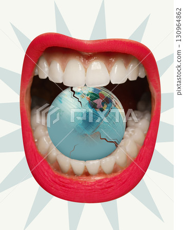 Creative digital artwork. Open mouth with red lips holding cracked globe symbolizing environmental destruction Creative digital artwork. Open mouth with red lips holding cracked globe symbolizing environmental destruction 130964862