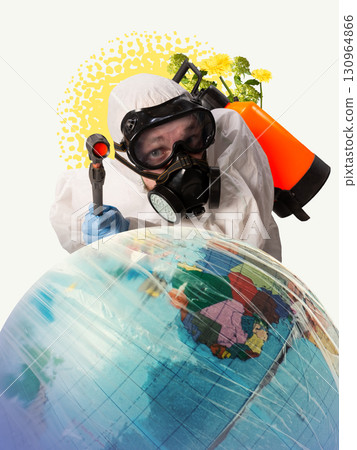 Trendy collage. Man in protective mask with sprayer standing on globe with yellow flowers Trendy collage. Man in protective mask with sprayer standing on globe with yellow flowers 130964866