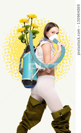 Bright artwork. Woman in ecological outfit with breathing tube and backpack of yellow flowers Bright artwork. Woman in ecological outfit with breathing tube and backpack of yellow flowers 130964869