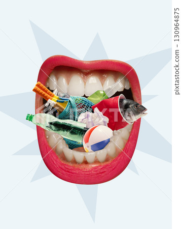 Colorful collage. Open mouth filled with plastic waste and fish symbolizing pollution and environmental crisis Colorful collage. Open mouth filled with plastic waste and fish symbolizing pollution and environmental crisis 130964875