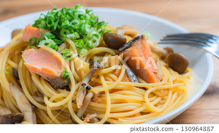 Japanese-style salmon and mushroom pasta Japanese-style salmon and mushroom pasta 130964887