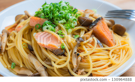Japanese-style salmon and mushroom pasta Japanese-style salmon and mushroom pasta 130964888