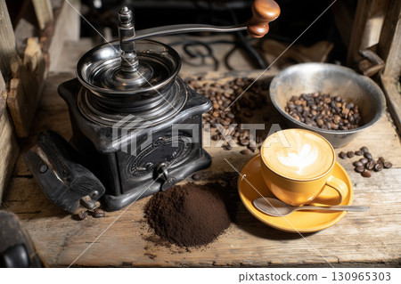 Rustic Coffee Grinder with a Freshly Brewed Latte 130965303