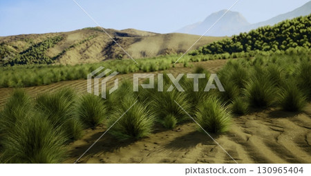 A wide expanse of grassy terrain stretches out under a clear sky, with soft hills and mountains visible on the horizon, showcasing the beauty of a serene midday setting in nature. 130965404