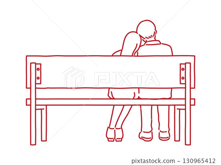 一對夫婦坐在長椅上——只有線條 130965412
