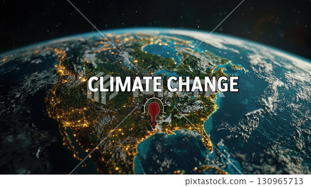 Planet Earth from space with climate change awareness text and glowing city lights at night 130965713