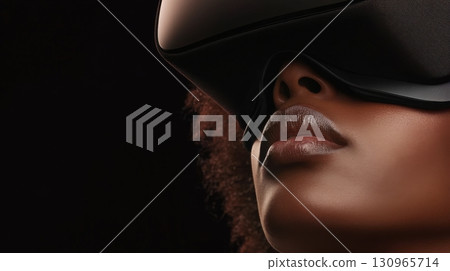 Futuristic lifestyle concept with woman wearing virtual reality glasses in dark background 130965714