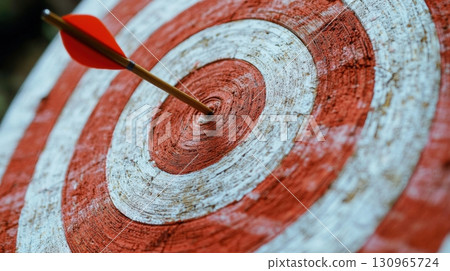 Precision shot with dart in the center of target board 130965724