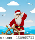 Santa Claus at the helm of a sailing yacht at sea. Realistic illustration. 130965733