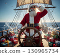 Santa Claus at the helm of sailing yacht at sea 130965734