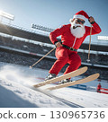 Santa Claus flies on slalom skis. Realistic illustration. 130965736