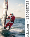 Santa Claus rides on a sailing surfboard. Realistic illustration. 130965738