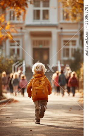 Child running to school on an autumn day, back to school concept Child running to school on an autumn day, back to school concept 130965793