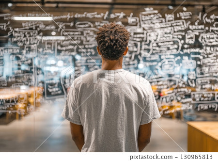 Businessman looking at complex strategy drawn on transparent glass in office 130965813