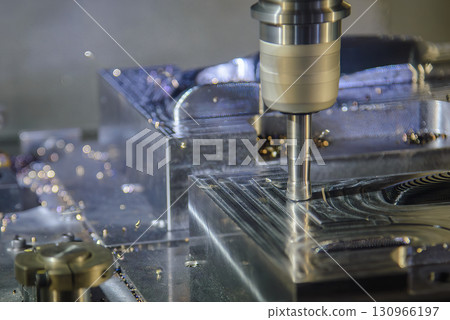The CNC milling machine rough cutting the injection mold parts by indexable tools. The CNC milling machine rough cutting the injection mold parts by indexable tools. 130966197
