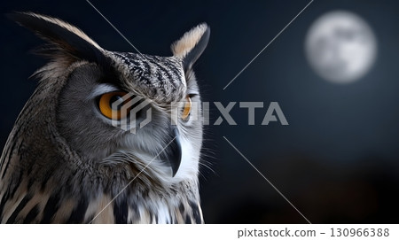 Mysterious hybrid owl with cat-like features at night under the moonlight 130966388