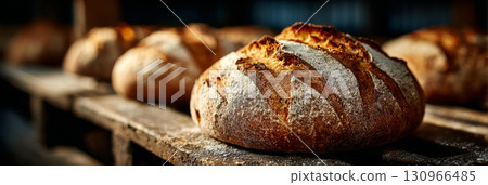 Freshly Baked Artisan Bread on Rustic Rack 130966485