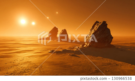 Vast desert mountains at sunset with soft shadows 130966538