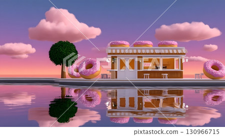 Floating donut shop on a cloud-filled street in a sweet dream city 130966715