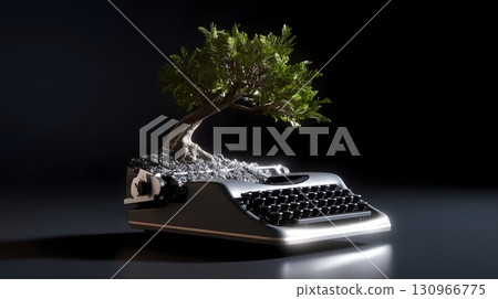 A tree growing from a broken typewriter symbolizes the rebirth of words. 130966775