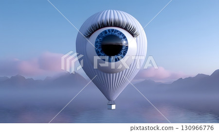 Surreal eye-shaped hot air balloon floating over a tranquil landscape 130966776