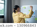 Woman having shoulder pain pain during work long time. stretching to relax and relax while working hard at the office 130966843