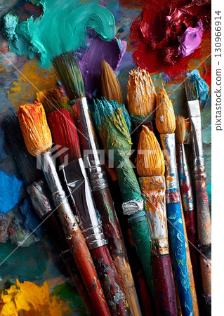 A collection of various paintbrushes dipped in vivid acrylic colors on an artist's messy palette, ready for creation. A collection of various paintbrushes dipped in vivid acrylic colors on an artist's messy palette, ready for creation. 130966914