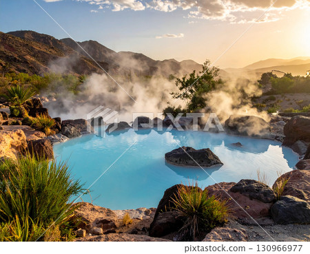 Hot springs surrounded by volcanic rocks with rising steam near lush greenery and desert tones. 130966977