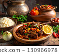 A table spread featuring lahoh, stewed meat, and fresh vegetables symbolizing Djiboutian culture. 130966978