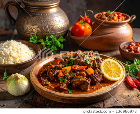 A table spread featuring lahoh, stewed meat, and fresh vegetables symbolizing Djiboutian culture. 130966978