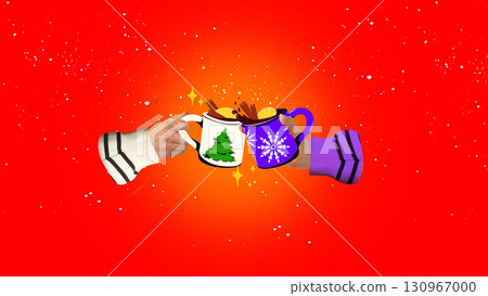 Hands clinking cups with mulled wine over red background. Warming drink. Contemporary art collage. Hands clinking cups with mulled wine over red background. Warming drink. Contemporary art collage. 130967000