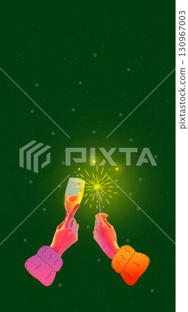Champagne and sparkles over green background. Magical night of winter season. Contemporary art collage. 130967003