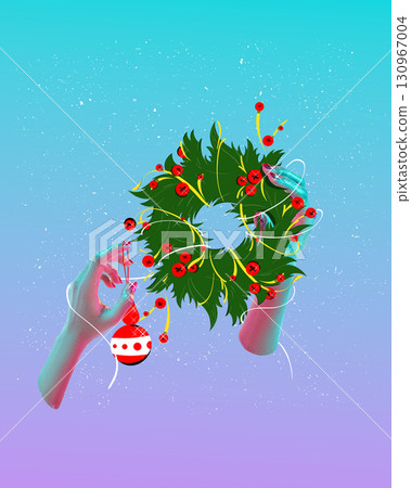 Female hand making decorations, putting accessories on christmas wreath. Contemporary art collage. Female hand making decorations, putting accessories on christmas wreath. Contemporary art collage. 130967004