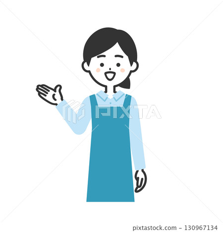 Illustration of a woman in an apron pointing with her hand 130967134
