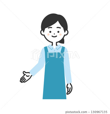 一位穿著圍裙、手指向下的女人的插圖 130967135
