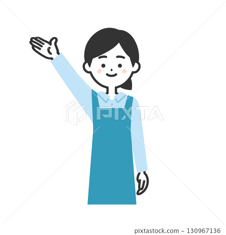 Illustration of a woman in an apron pointing upwards 130967136