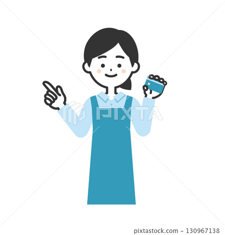 一位穿著圍裙的女人拿著一張卡片並指向上方的插圖 一位穿著圍裙的女人拿著一張卡片並指向上方的插圖 130967138