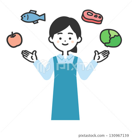 Illustration of a woman in an apron surrounded by fresh food 130967139